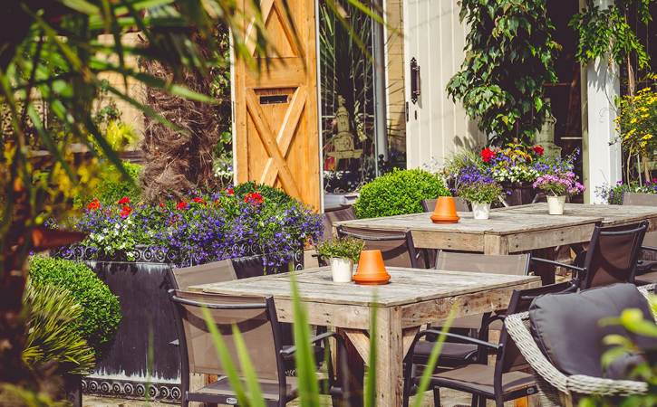 Outdoor seating area at Beamish Hall Stables restaurant and bar